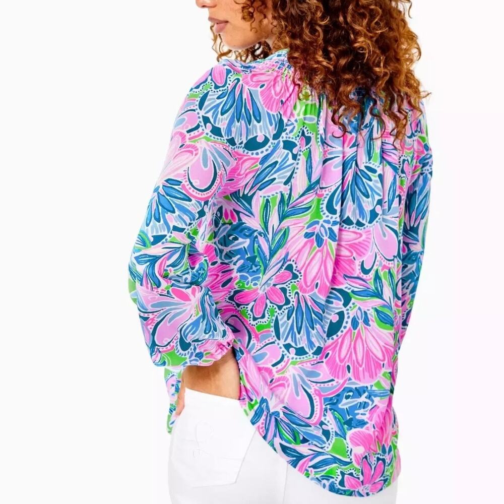 Lilly Pulitzer Elsa Silk Long Sleeve Top Gecko Green Tiger Sunrise Size Small - Picture 2 of 14